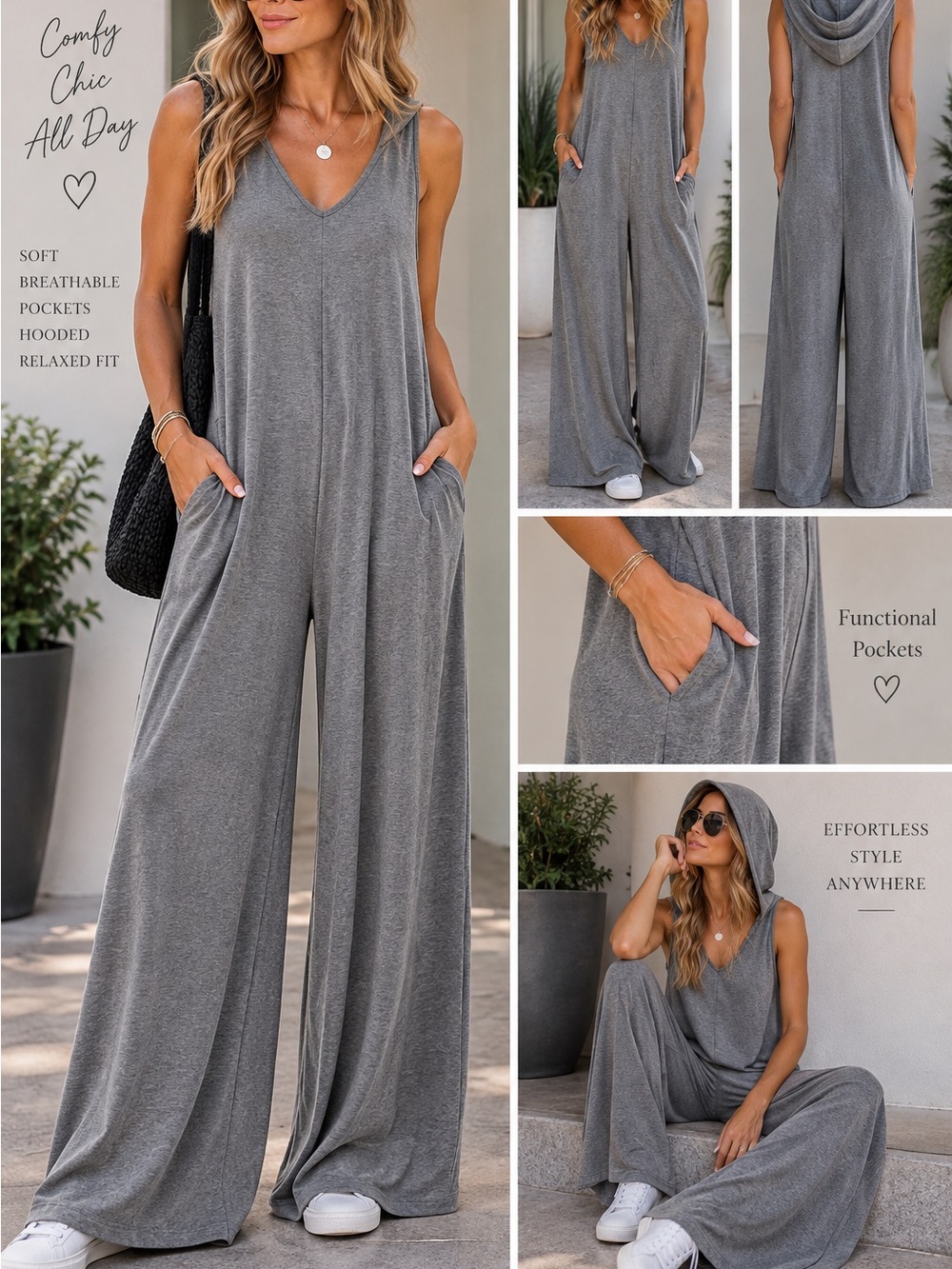 Sleeveless Hooded Wide-Leg Jumpsuit - Gray